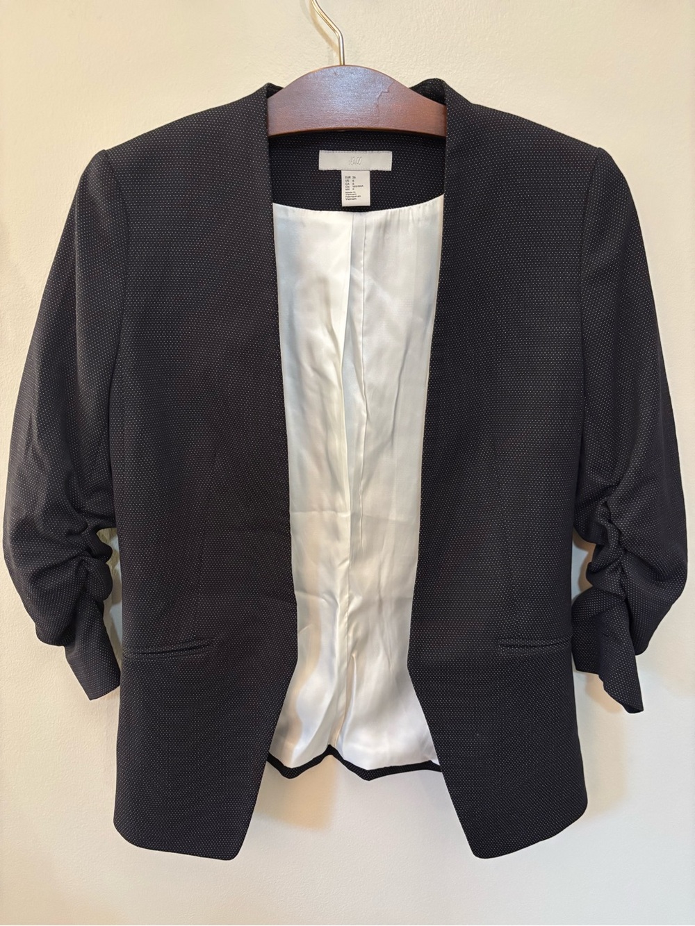 H&M Navy Blue + White Polka Dot Ruched 3/4 Sleeve Open Front Blazer Jacket Sz 6